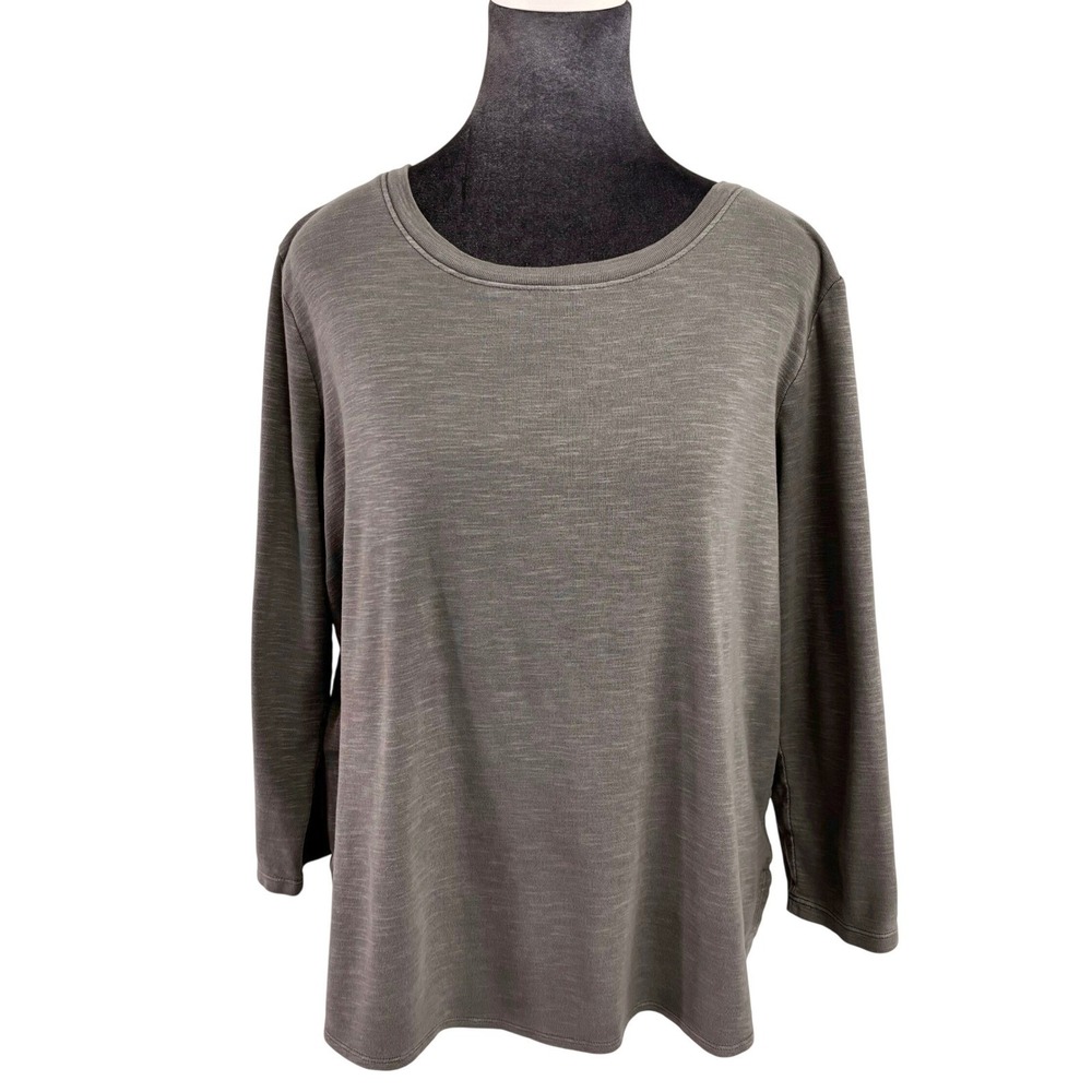 Tommy Bahama Wms XL Earthy Sage Green Slub Knit 3/4 Sleeve Cotton Top Curved Hem